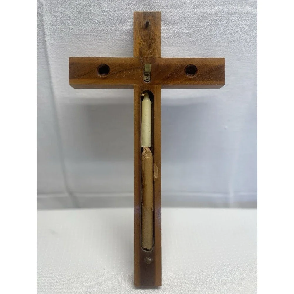 Vintage 15” Wood & Brass INRI Crucifix Jesus Cross Catholic Christian Candle 2pc